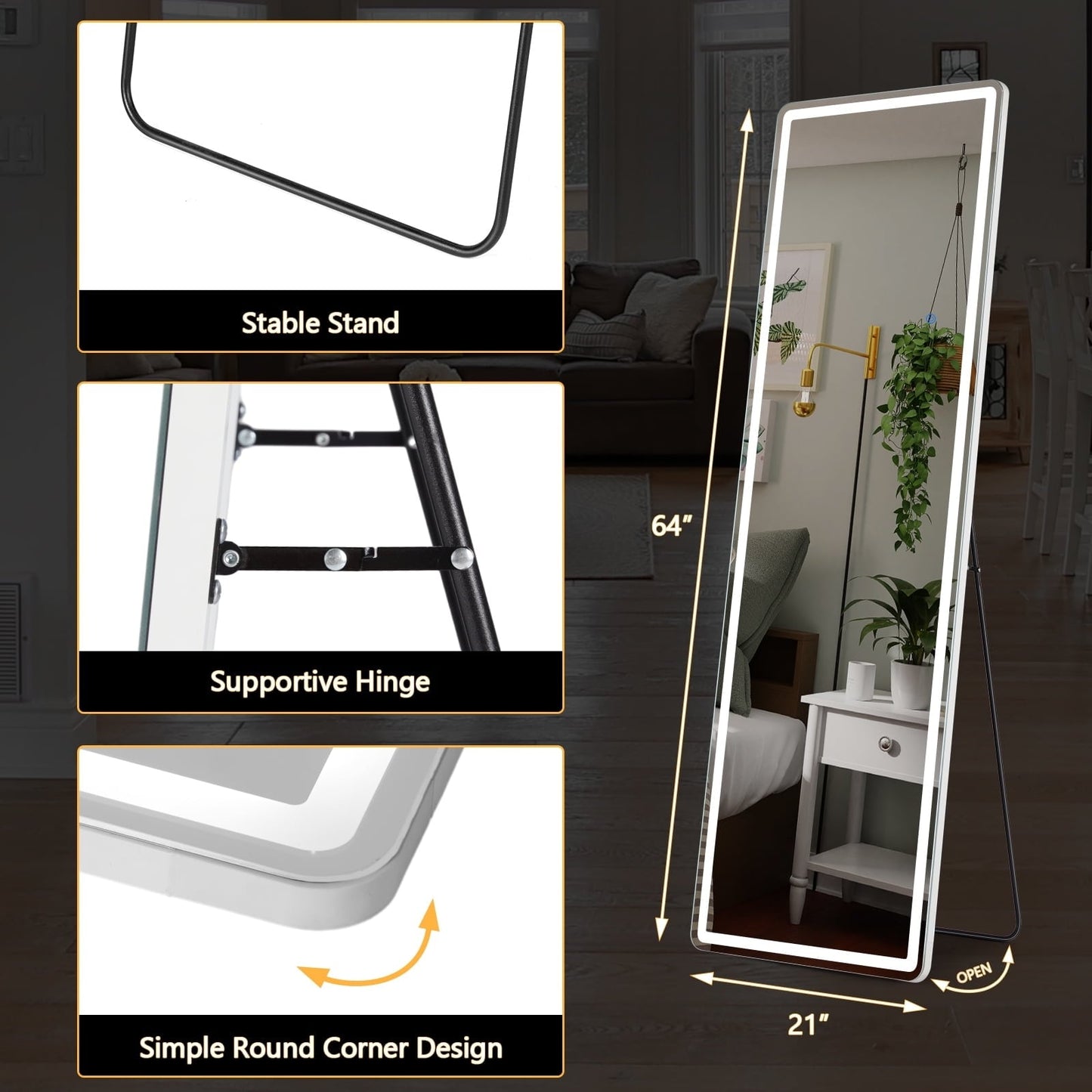 Floor Mirror with LED Light, 64 x 21 Full Length Mirror with Stand, Hanging Mirror Wall Mounted Mirror Full Body Mirror