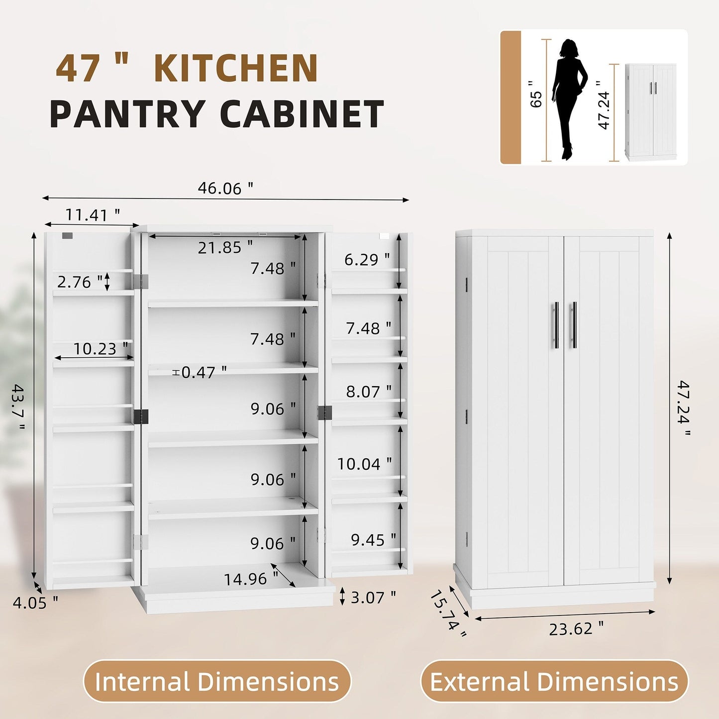 Futzca 47in Pantry Cabinet, Wooden Kitchen Storage Cabinets