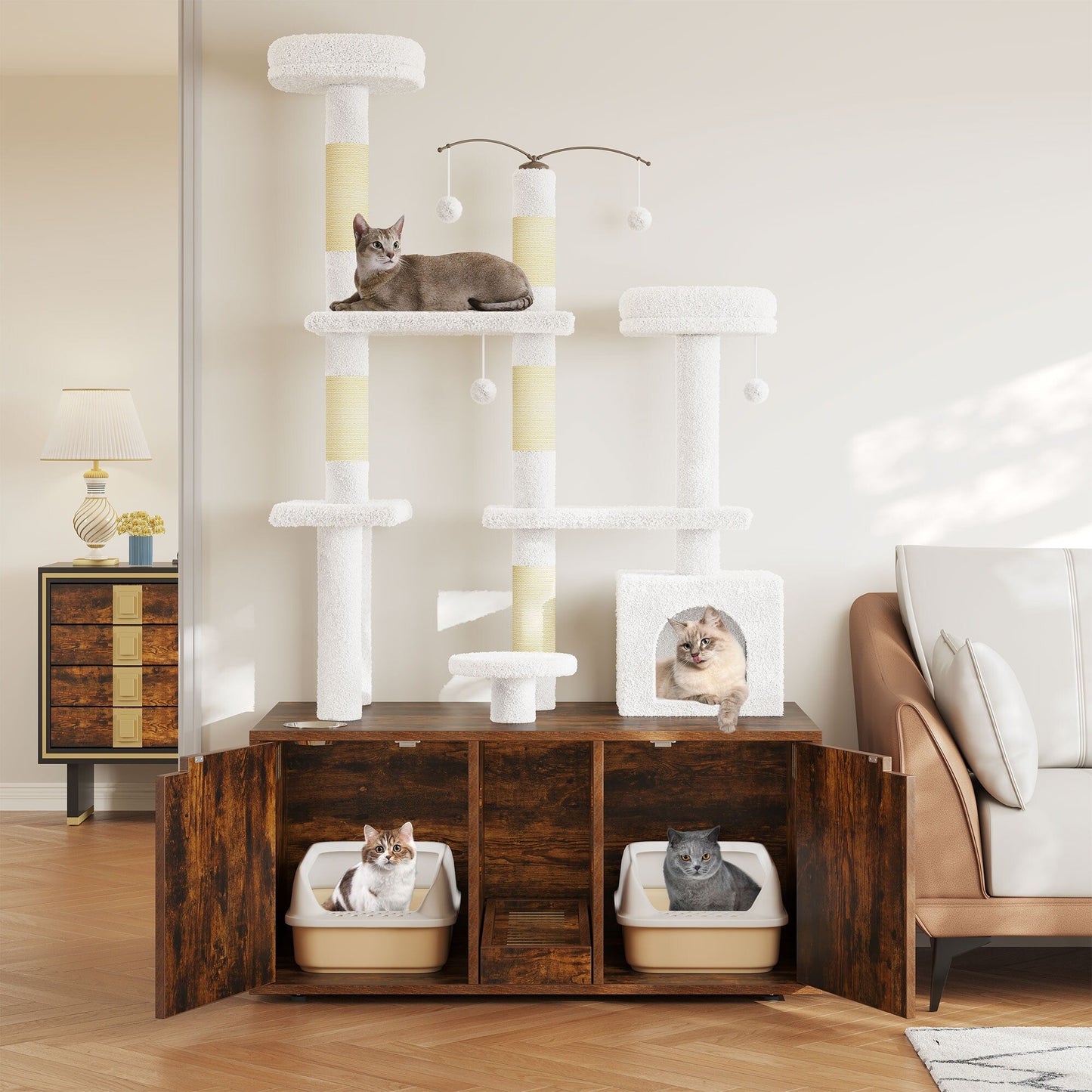 Moasis Double Cat Litter Box Enclosure with Scratching Post Cat Tree