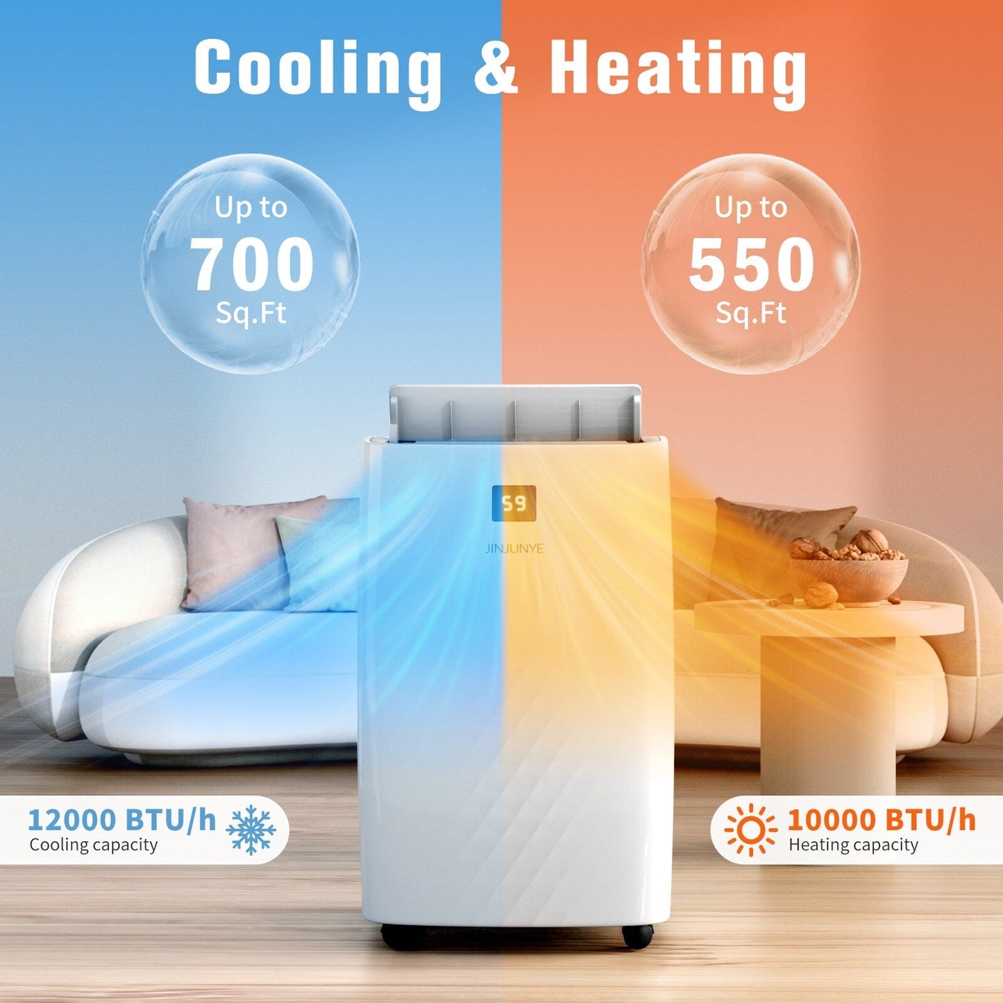 Portable Air Conditioner with Heater – 12000 BTU Cooling & 10000 BTU Heating for Rooms up to 700 Sq.Ft