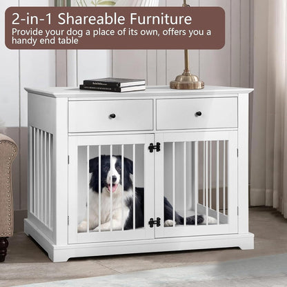 BOSSIN 44 Inch Large Dog Crate Furniture, Wooden Dog Kennel End Table with Storage Drawers, Decorative Pet Crates Dog House