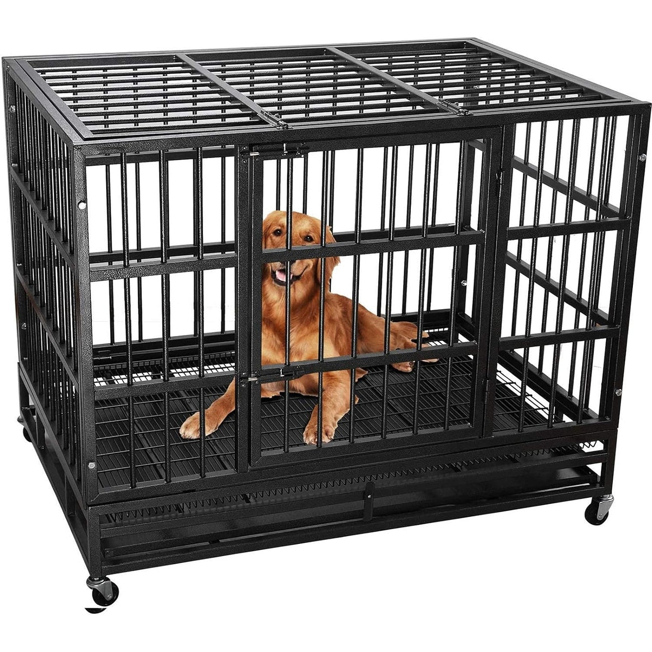 BOSSIN 48/38 inch Heavy Duty Indestructible Dog Crate, Escape Proof Dog Cage Kennel with Lockable Wheels