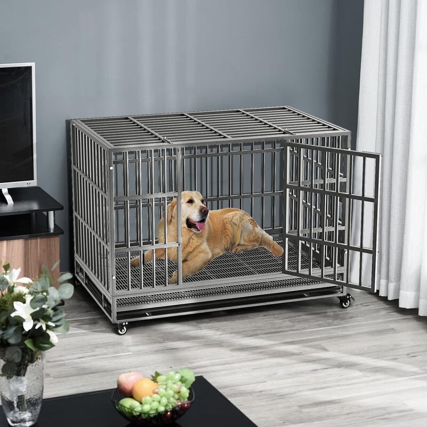BOSSIN 48/38 inch Heavy Duty Indestructible Dog Crate, Escape Proof Dog Cage Kennel with Lockable Wheels