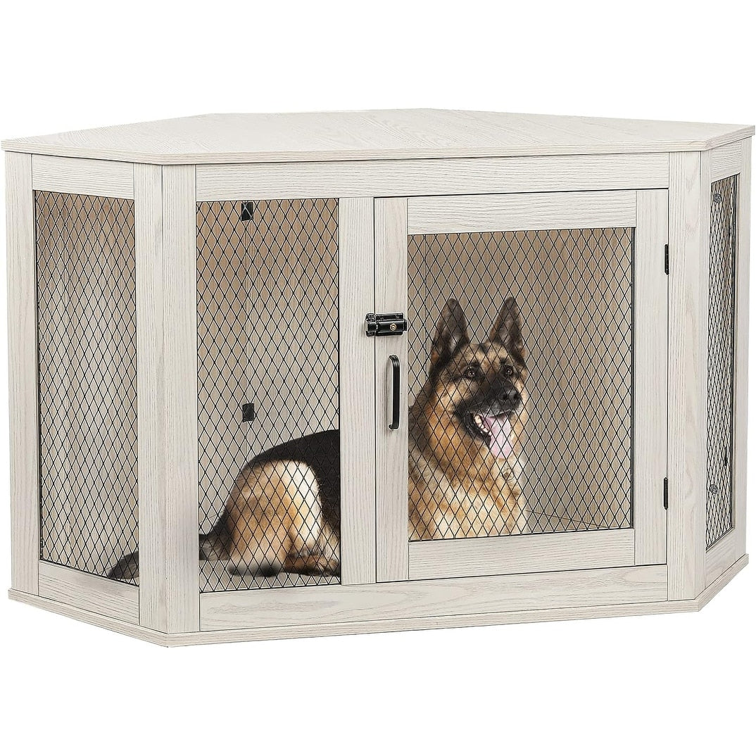 BOSSIN Corner Dog Crate Furniture,44/52 inch Wooden Dog Kennel Furniture with Mesh,Decorative Wood Dog House for Indoor use