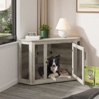 BOSSIN Corner Dog Crate Furniture,44/52 inch Wooden Dog Kennel Furniture with Mesh,Decorative Wood Dog House for Indoor use