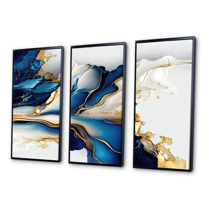 Designart Abstract Geode Gold And Blue Marble Shape III Modern Geometric Framed Canvas Art Print - 3 Panels