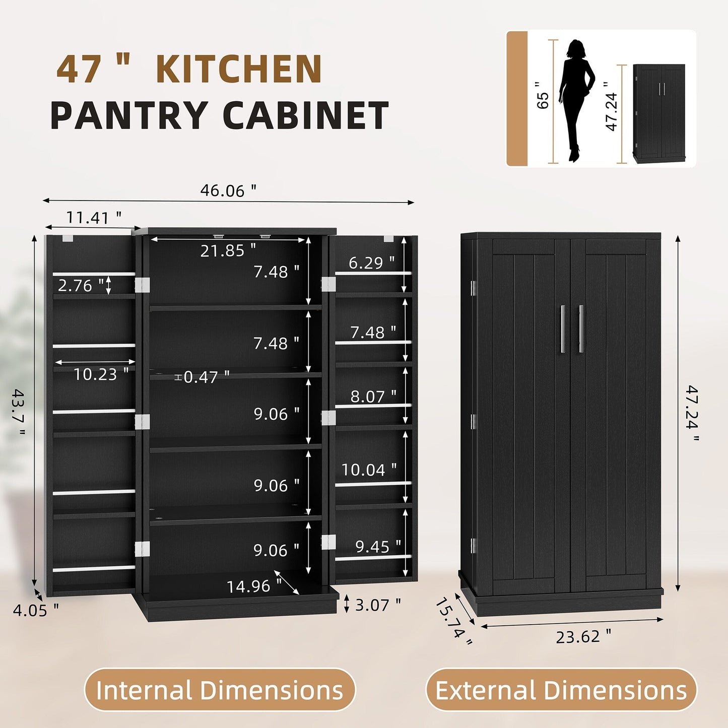 Futzca 47in Pantry Cabinet, Wooden Kitchen Storage Cabinets