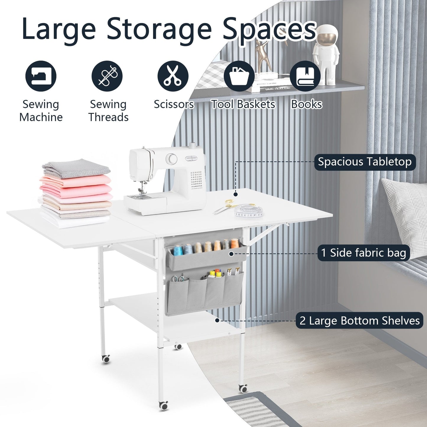 Height Adjustable Craft Table with Storage Shelves, Mobile Folding Cutting Table for Home Office Sewing Room Craft Room