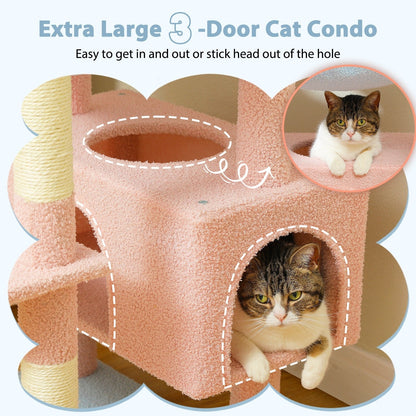 Large Cat Tower Cat Condo with Scratching Posts and Pads, 2 Padded Perch, Dual Condo and Basket