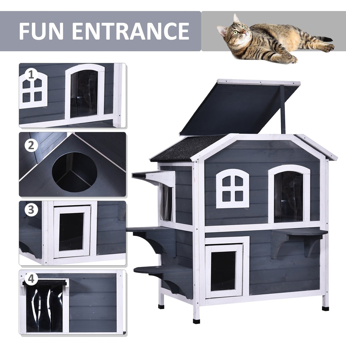 PawHut Fir Wood 2-Story Outdoor Cat House, Wooden Feral Cat Shelter with Openable Asphalt Roof for Indoor/Outdoor, White / Grey